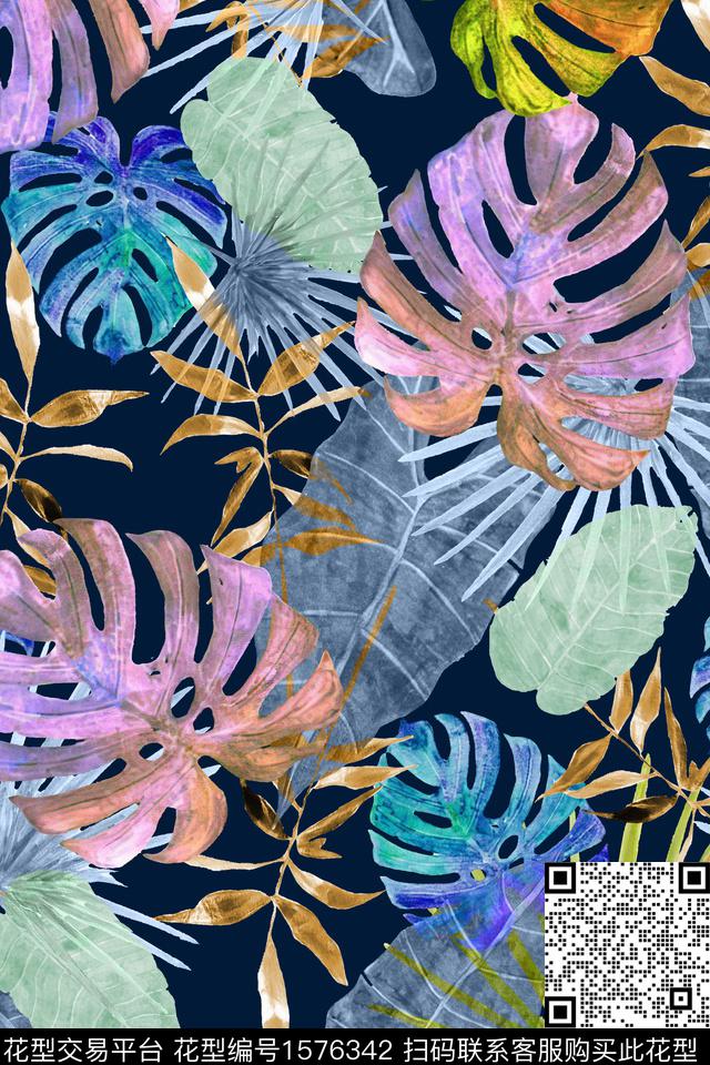 黑底花卉热带华亿平台水彩数码印花华亿平台下载（图片编号: 1576342） - 瓦栏（Walan）