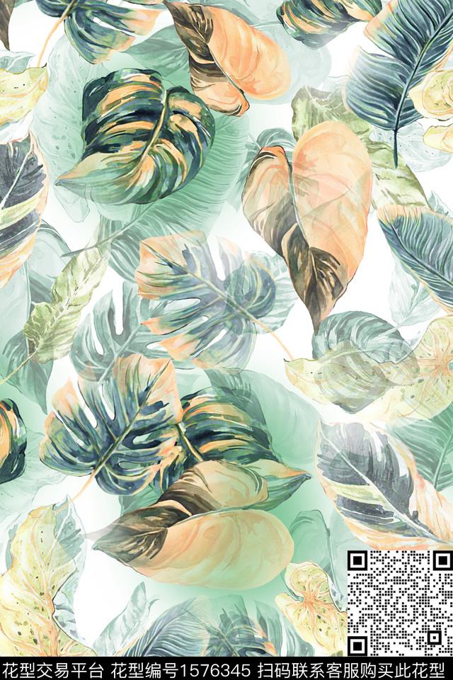 年轻女性水彩绿植树叶数码印花华亿平台下载（图片编号: 1576345） - 瓦栏（Walan）
