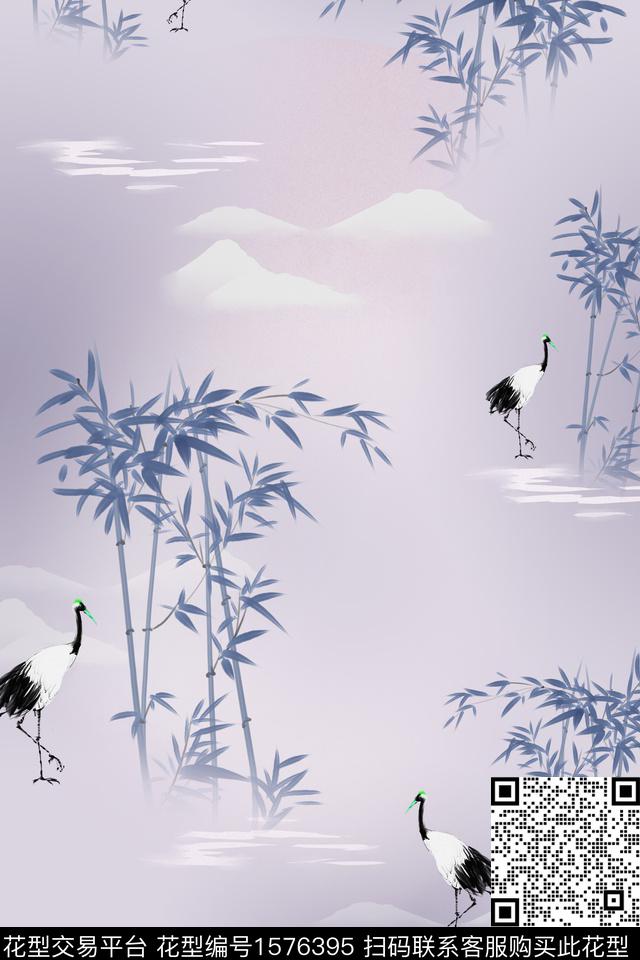 国风仙鹤竹子数码印花华亿平台下载（图片编号: 1576395） - 瓦栏（Walan）