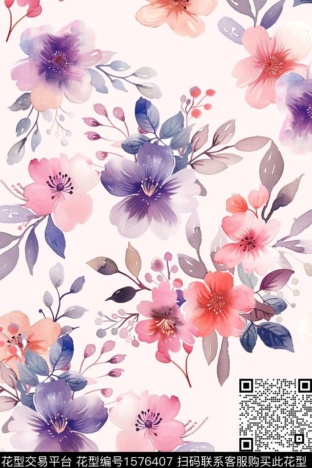 清爽花卉花卉水彩花卉数码印花华亿平台下载（图片编号: 1576407） - 瓦栏（Walan）