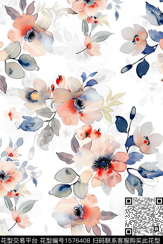 影花花卉水彩花卉数码印花华亿平台下载（图片编号: 1576408） - 瓦栏（Walan）
