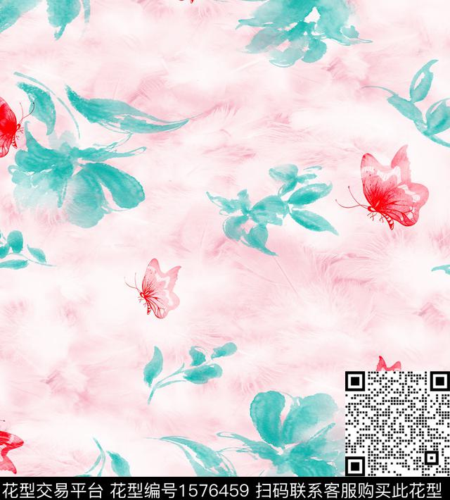 花卉底纹蝴蝶数码印花华亿平台下载（图片编号: 1576459） - 瓦栏（Walan）
