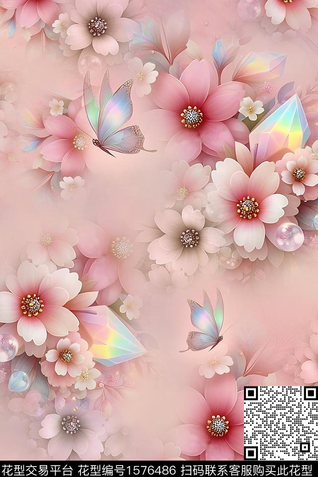 花卉宝石蝴蝶数码印花华亿平台下载（图片编号: 1576486） - 瓦栏（Walan）