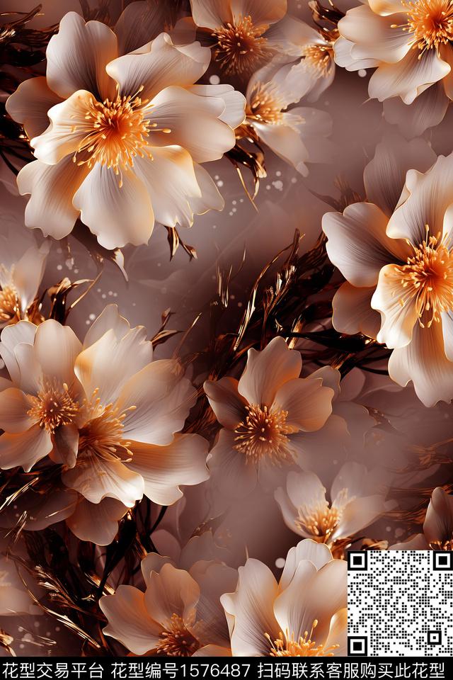 花卉大花跳接数码印花华亿平台下载（图片编号: 1576487） - 瓦栏（Walan）