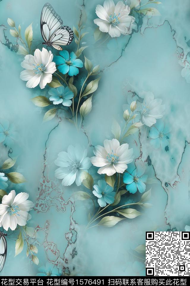 水彩花卉蝴蝶底纹数码印花华亿平台下载（图片编号: 1576491） - 瓦栏（Walan）