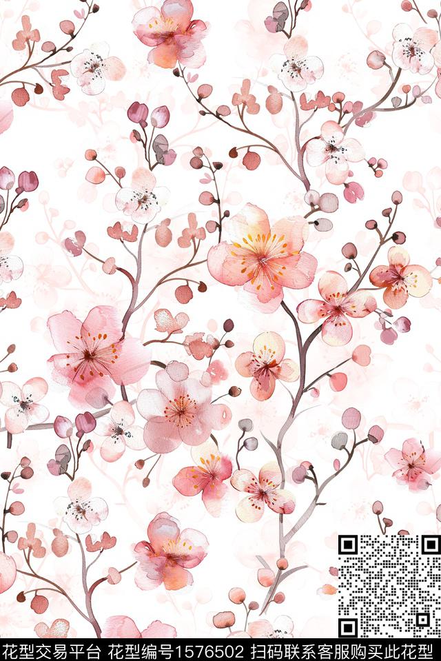 花卉影花枝条花数码印花华亿平台下载（图片编号: 1576502） - 瓦栏（Walan）