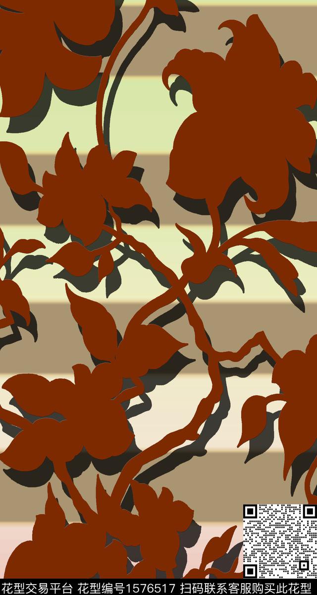 条纹花卉剪影数码印花华亿平台下载（图片编号: 1576517） - 瓦栏（Walan）