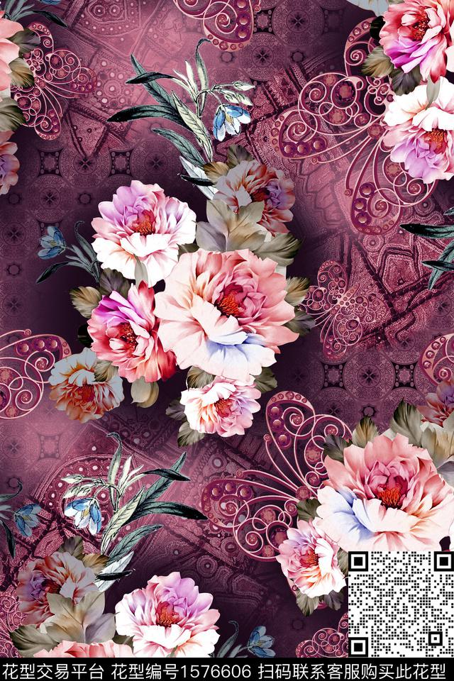 中东大花花卉数码印花华亿平台下载（图片编号: 1576606） - 瓦栏（Walan）