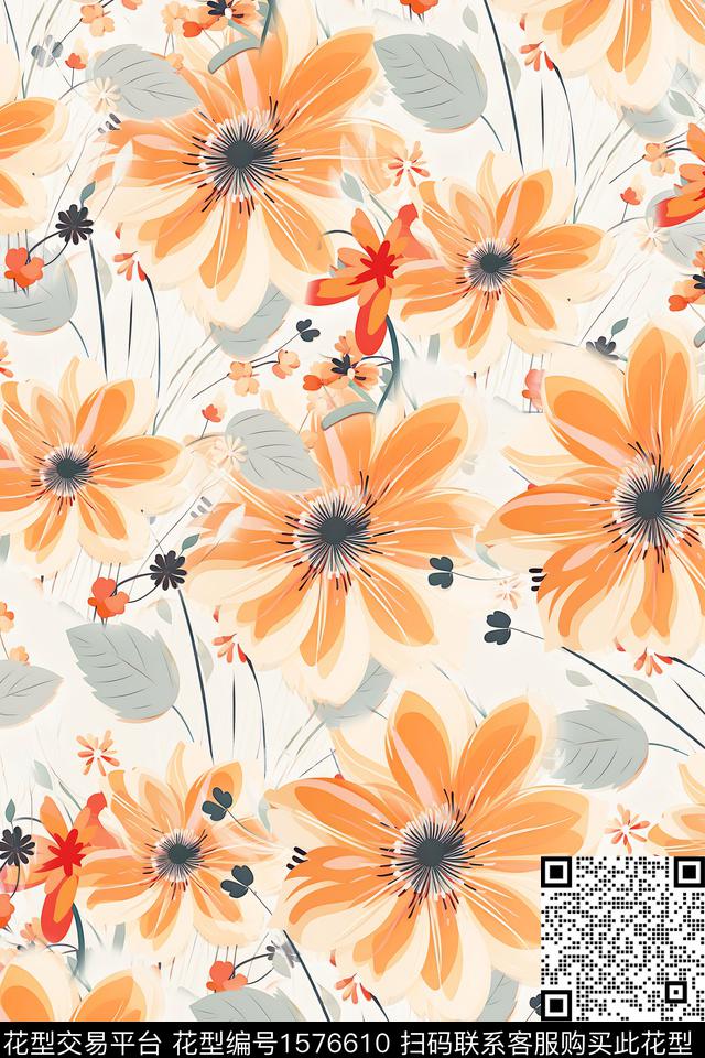 小清新花卉手绘花卉数码印花华亿平台下载（图片编号: 1576610） - 瓦栏（Walan）