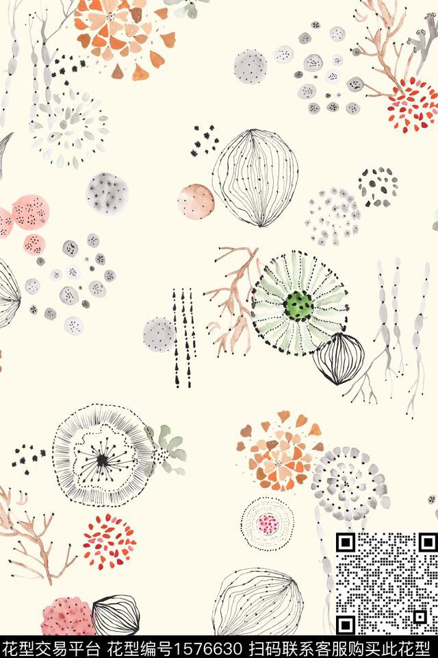 趣味水彩抽象花卉数码印花华亿平台下载（图片编号: 1576630） - 瓦栏（Walan）