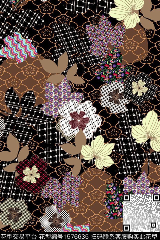 花卉网布蕾丝混合拼接数码印花华亿平台下载（图片编号: 1576635） - 瓦栏（Walan）