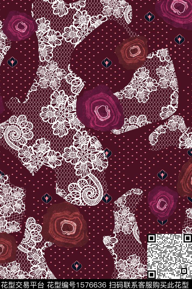 花卉网布蕾丝混合拼接数码印花华亿平台下载（图片编号: 1576636） - 瓦栏（Walan）