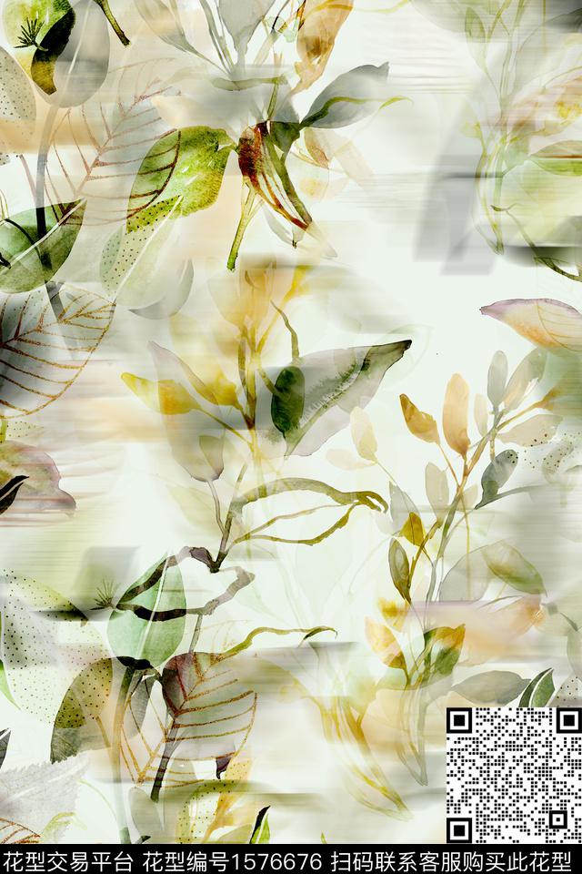 抽象虚影绿植树叶数码印花华亿平台下载（图片编号: 1576676） - 瓦栏（Walan）