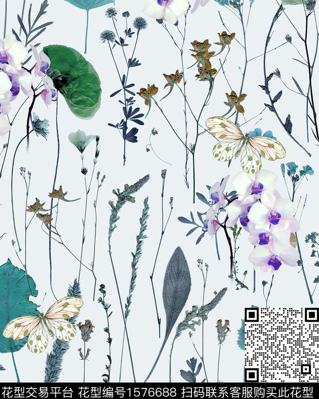 小清新蝴蝶玉兰花数码印花华亿平台下载（图片编号: 1576688） - 瓦栏（Walan）