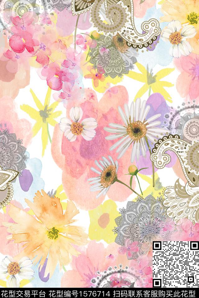 民族风佩斯利水彩花卉数码印花华亿平台下载（图片编号: 1576714） - 瓦栏（Walan）