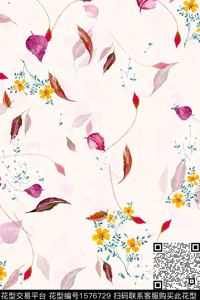 花卉水彩花卉绿植树叶数码印花华亿平台下载（图片编号: 1576729） - 瓦栏（Walan）