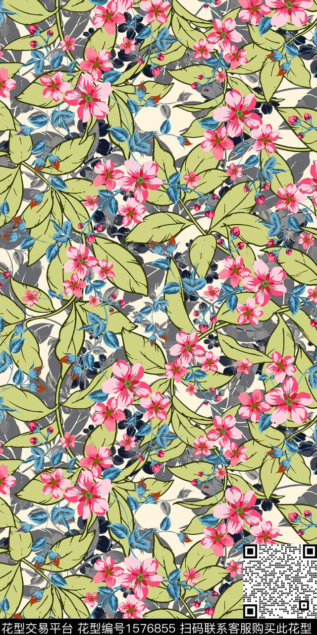 花卉满版散花叠加数码印花华亿平台下载（图片编号: 1576855） - 瓦栏（Walan）