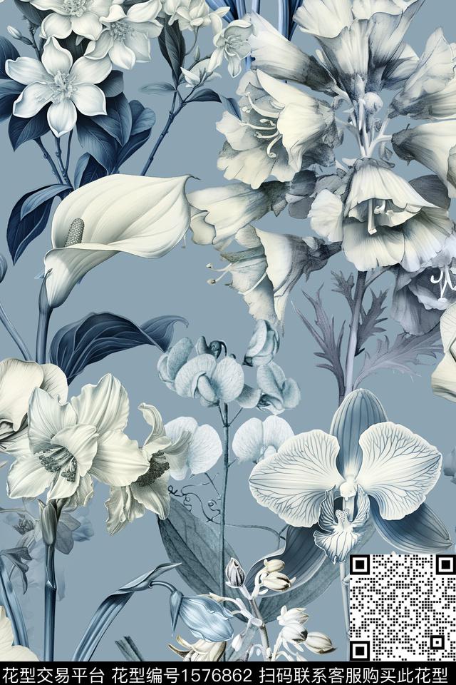 大花花卉素雅数码印花华亿平台下载（图片编号: 1576862） - 瓦栏（Walan）