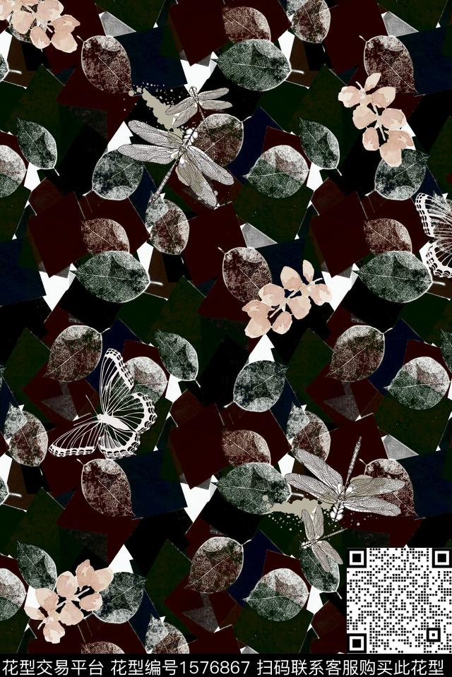 植物蜻蜓水彩数码印花华亿平台下载（图片编号: 1576867） - 瓦栏（Walan）