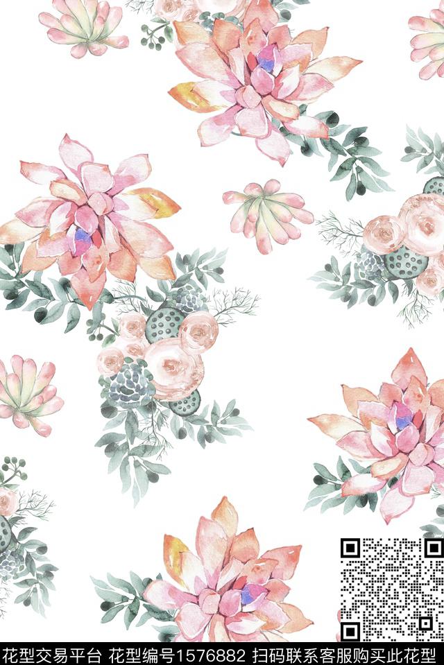 水彩花卉多肉绿植树叶数码印花华亿平台下载（图片编号: 1576882） - 瓦栏（Walan）