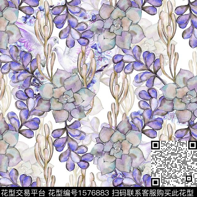水彩花卉多肉绿植树叶数码印花华亿平台下载（图片编号: 1576883） - 瓦栏（Walan）