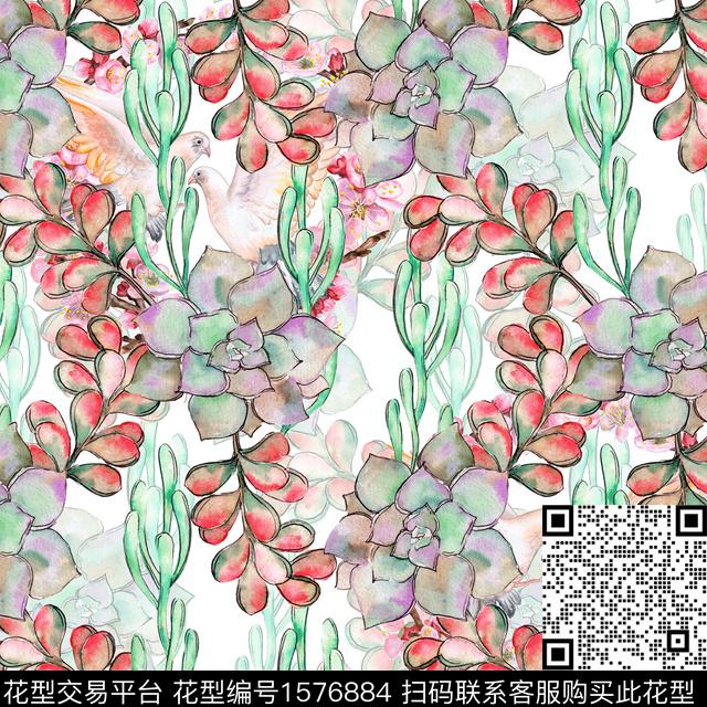 鸟休闲绿植树叶数码印花华亿平台下载（图片编号: 1576884） - 瓦栏（Walan）