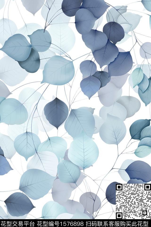 叶子影花水彩数码印花华亿平台下载（图片编号: 1576898） - 瓦栏（Walan）