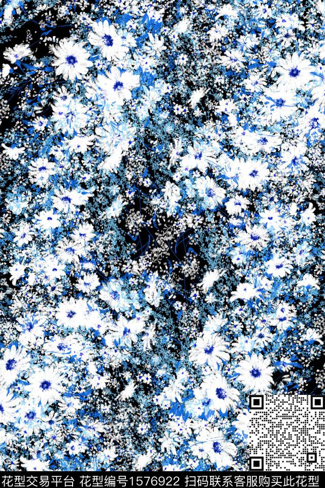 黑底花卉小雏菊水彩花卉数码印花华亿平台下载（图片编号: 1576922） - 瓦栏（Walan）