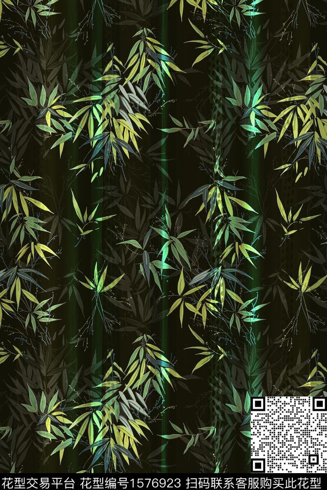 竹叶影花黑底数码印花华亿平台下载（图片编号: 1576923） - 瓦栏（Walan）