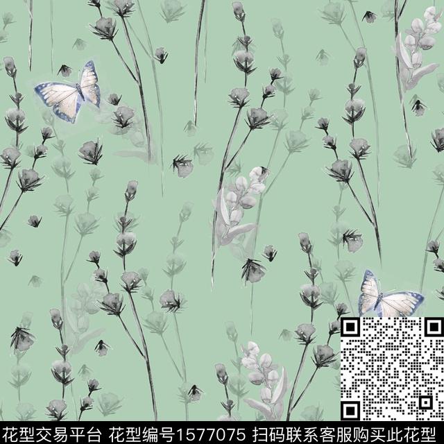 花卉蝴蝶水墨花卉数码印花华亿平台下载（图片编号: 1577075） - 瓦栏（Walan）