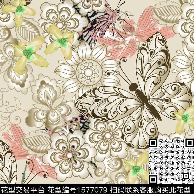 小碎花曼陀罗蝴蝶数码印花华亿平台下载（图片编号: 1577079） - 瓦栏（Walan）