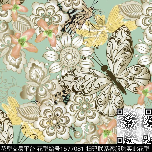 蝴蝶民族花卉影花数码印花华亿平台下载（图片编号: 1577081） - 瓦栏（Walan）