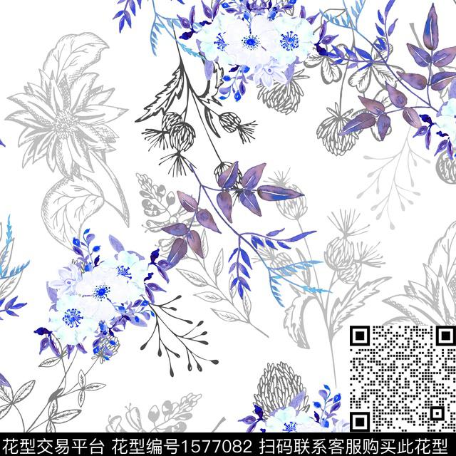 小清新休闲水彩花卉数码印花华亿平台下载（图片编号: 1577082） - 瓦栏（Walan）