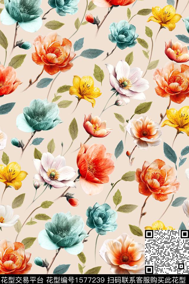 花卉清爽跳接数码印花华亿平台下载（图片编号: 1577239） - 瓦栏（Walan）