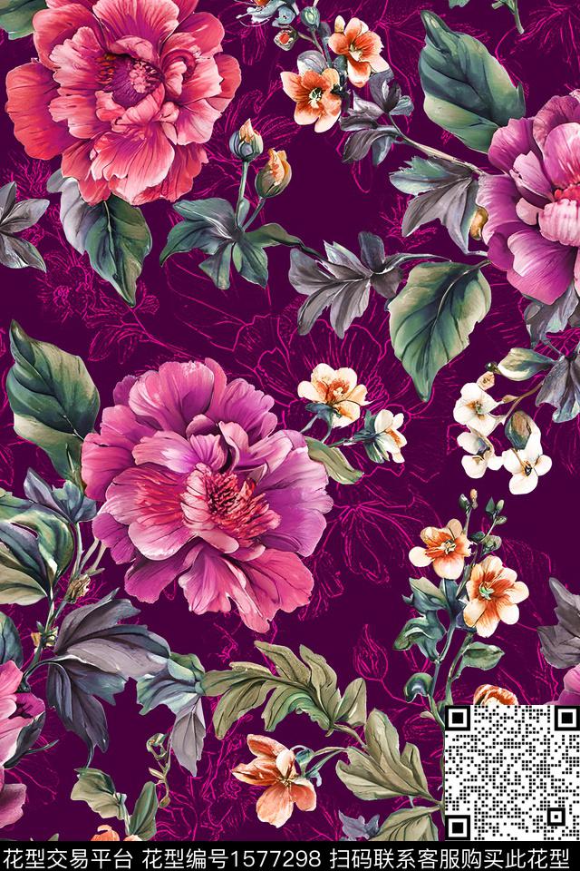 花卉水彩花卉大花数码印花华亿平台下载（图片编号: 1577298） - 瓦栏（Walan）