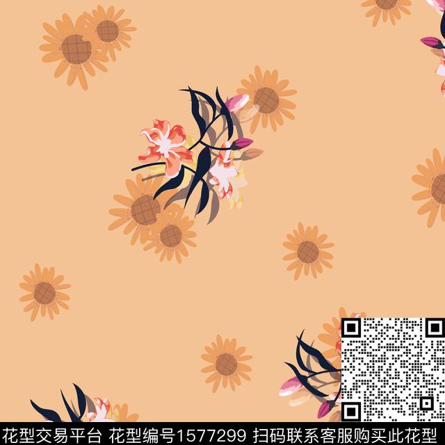 向日葵休闲花卉数码印花华亿平台下载（图片编号: 1577299） - 瓦栏（Walan）