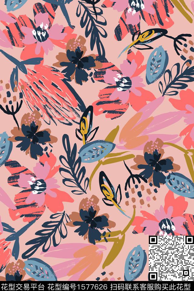 笔触抽象花卉花卉数码印花华亿平台下载（图片编号: 1577626） - 瓦栏（Walan）