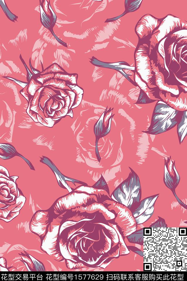 花卉大花影花数码印花华亿平台下载（图片编号: 1577629） - 瓦栏（Walan）