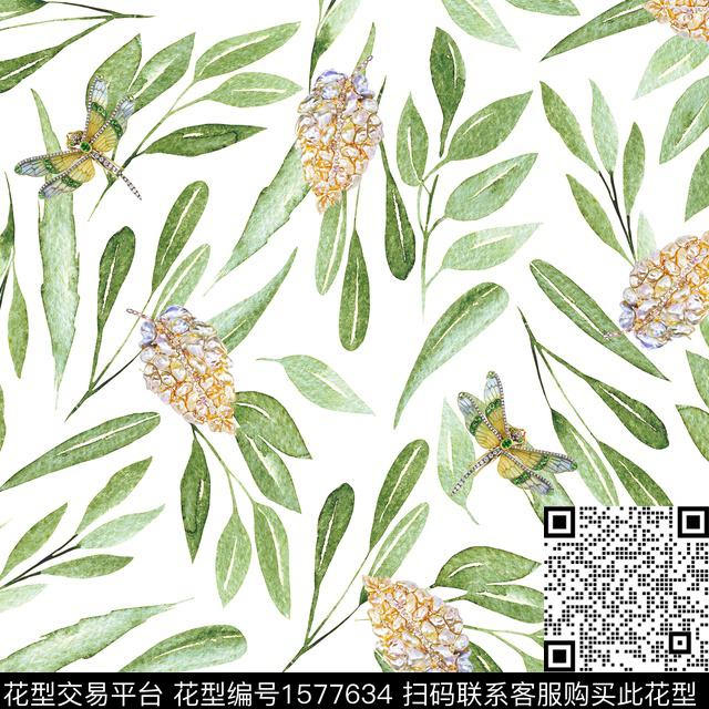 蜻蜓水彩绿植树叶数码印花华亿平台下载（图片编号: 1577634） - 瓦栏（Walan）