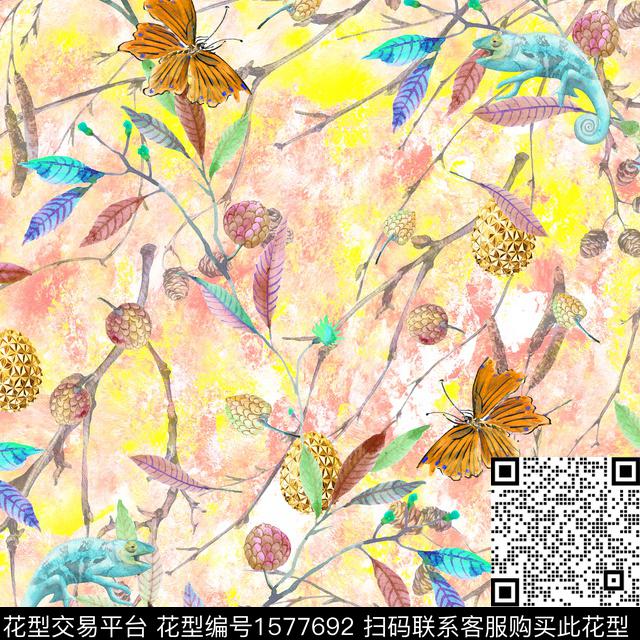 水彩底纹变色龙蝴蝶数码印花华亿平台下载（图片编号: 1577692） - 瓦栏（Walan）