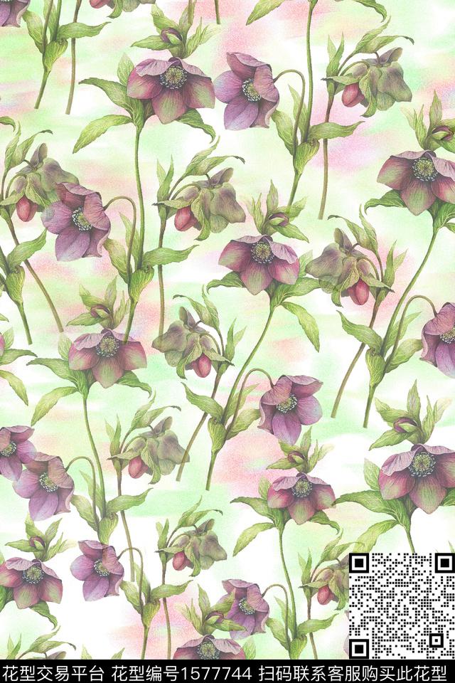 水彩花卉满版散花底纹数码印花华亿平台下载（图片编号: 1577744） - 瓦栏（Walan）