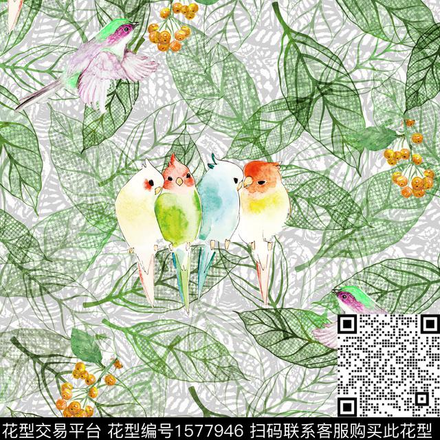 肌理鹦鹉绿植树叶数码印花华亿平台下载（图片编号: 1577946） - 瓦栏（Walan）