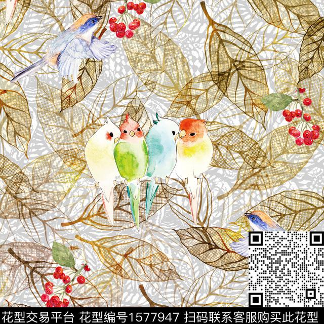 叶子鸟鹦鹉数码印花华亿平台下载（图片编号: 1577947） - 瓦栏（Walan）