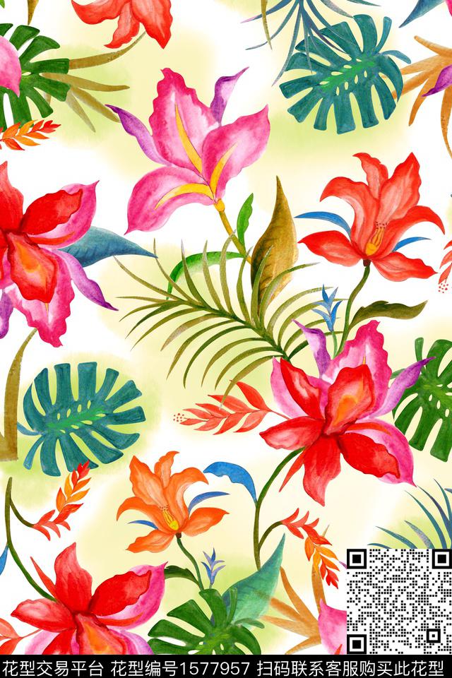 水彩花卉热带华亿平台花卉数码印花华亿平台下载（图片编号: 1577957） - 瓦栏（Walan）