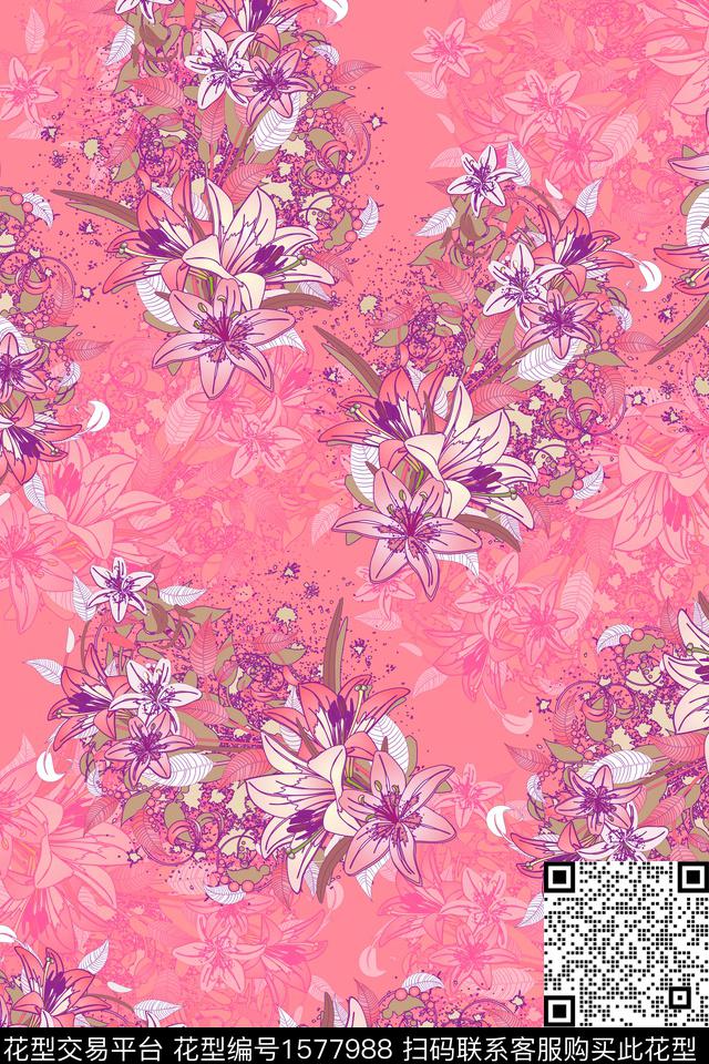 花卉满版散花影花数码印花华亿平台下载（图片编号: 1577988） - 瓦栏（Walan）