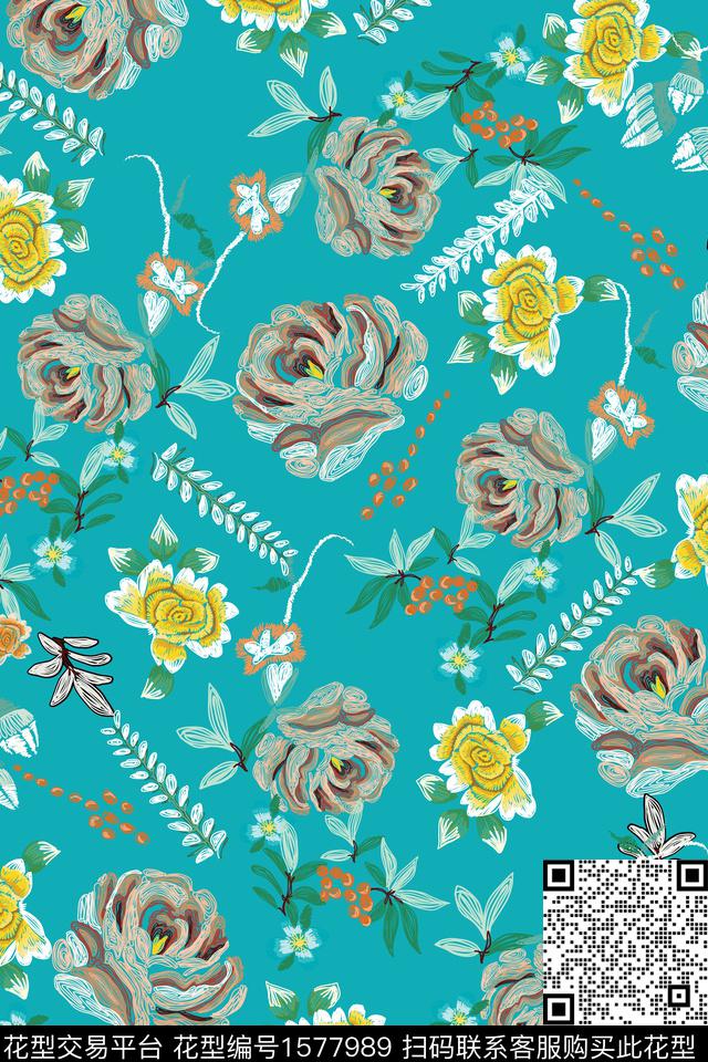 线条花卉花卉抽象花卉数码印花华亿平台下载（图片编号: 1577989） - 瓦栏（Walan）