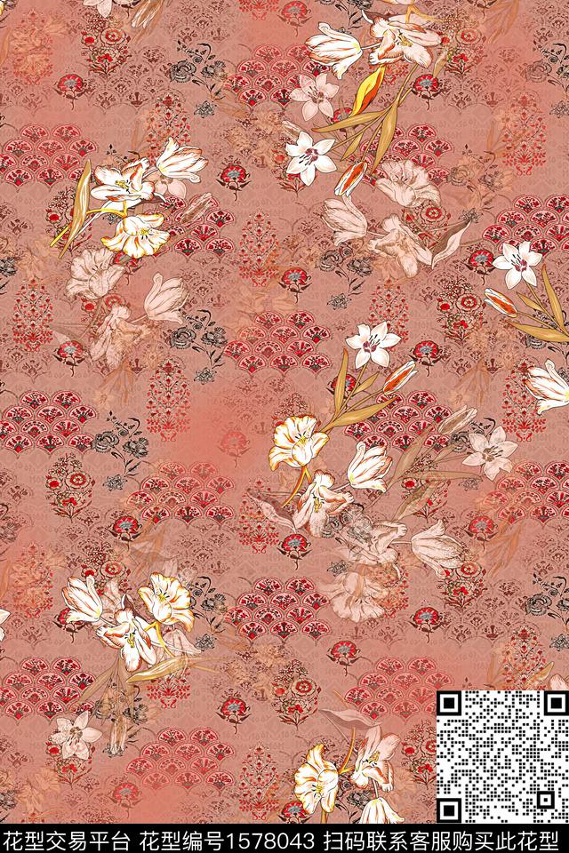 中国风花卉底纹数码印花华亿平台下载（图片编号: 1578043） - 瓦栏（Walan）
