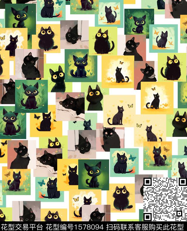 插画混合拼接猫数码印花华亿平台下载（图片编号: 1578094） - 瓦栏（Walan）