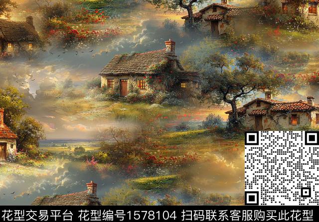 房屋复古油画华亿平台数码印花华亿平台下载（图片编号: 1578104） - 瓦栏（Walan）