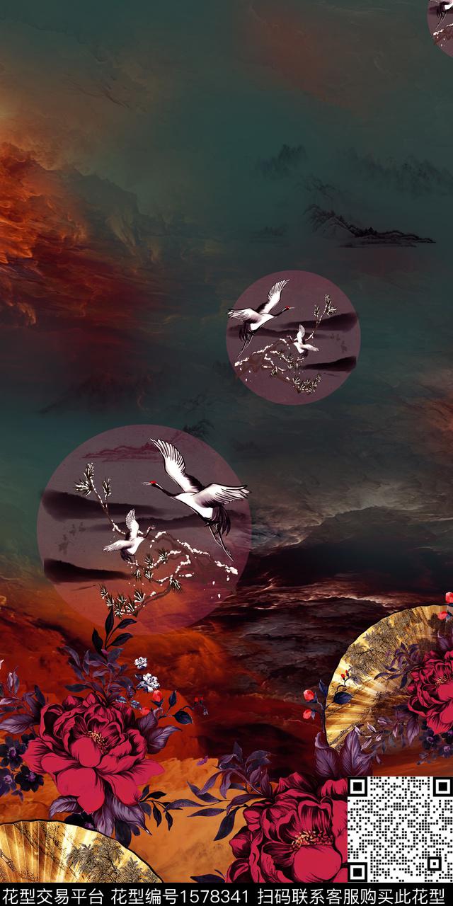 中国风花卉扇子数码印花华亿平台下载（图片编号: 1578341） - 瓦栏（Walan）